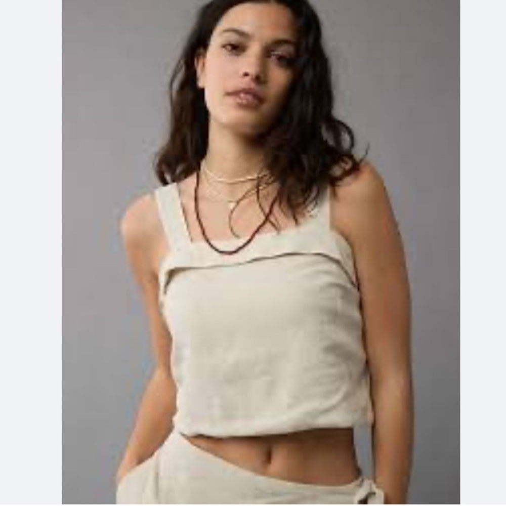 Linen-Blend Square Neck Crop Tank Top - Cream